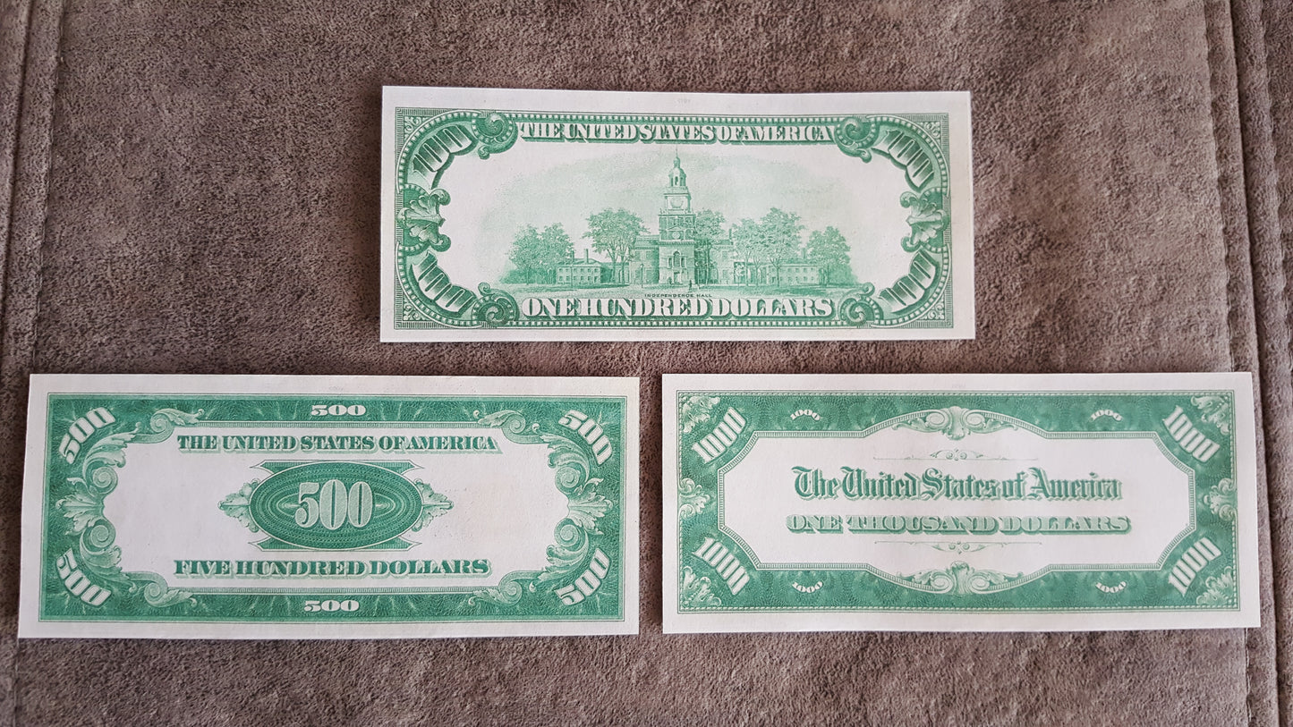 US high denomination 100, 500, and 1000 Dollar 1928 Gold Certificates reverse back view