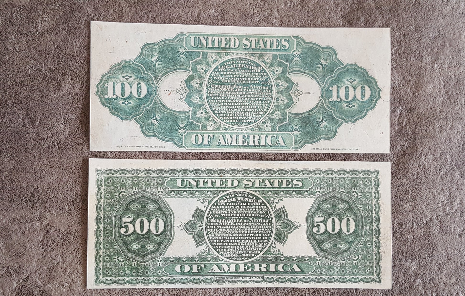 US 100 Dollar Lincoln and 500 Dollar Adams 1869 Series Legal Tender Rainbow notes front back