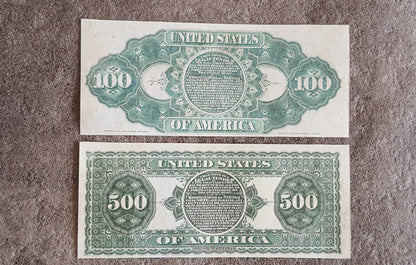 US 100 Dollar Lincoln and 500 Dollar Adams 1869 Series Legal Tender Rainbow notes front back