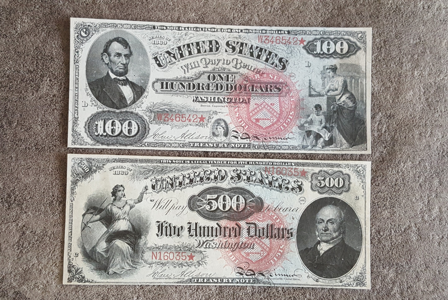 US 100 Dollar Lincoln and 500 Dollar Adams 1869 Series Legal Tender Rainbow notes front