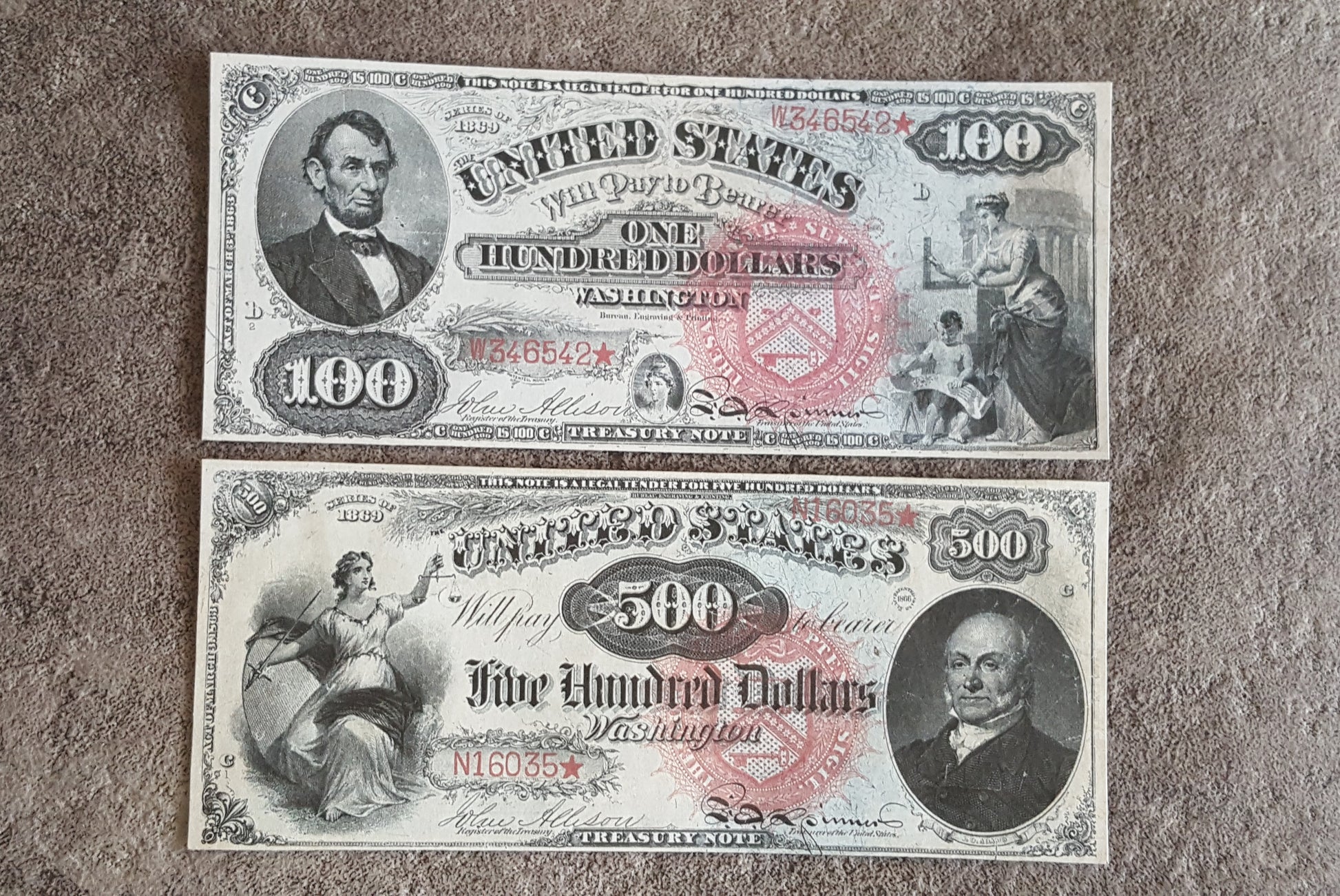US 100 Dollar Lincoln and 500 Dollar Adams 1869 Series Legal Tender Rainbow notes front
