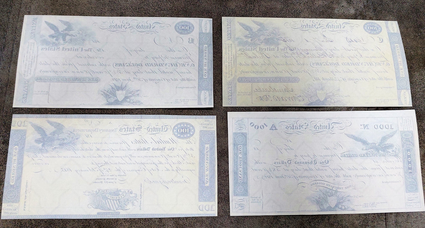 US 50 Dollar 1815 and 100 Dollar 1812 Treasury Notes historical currency back