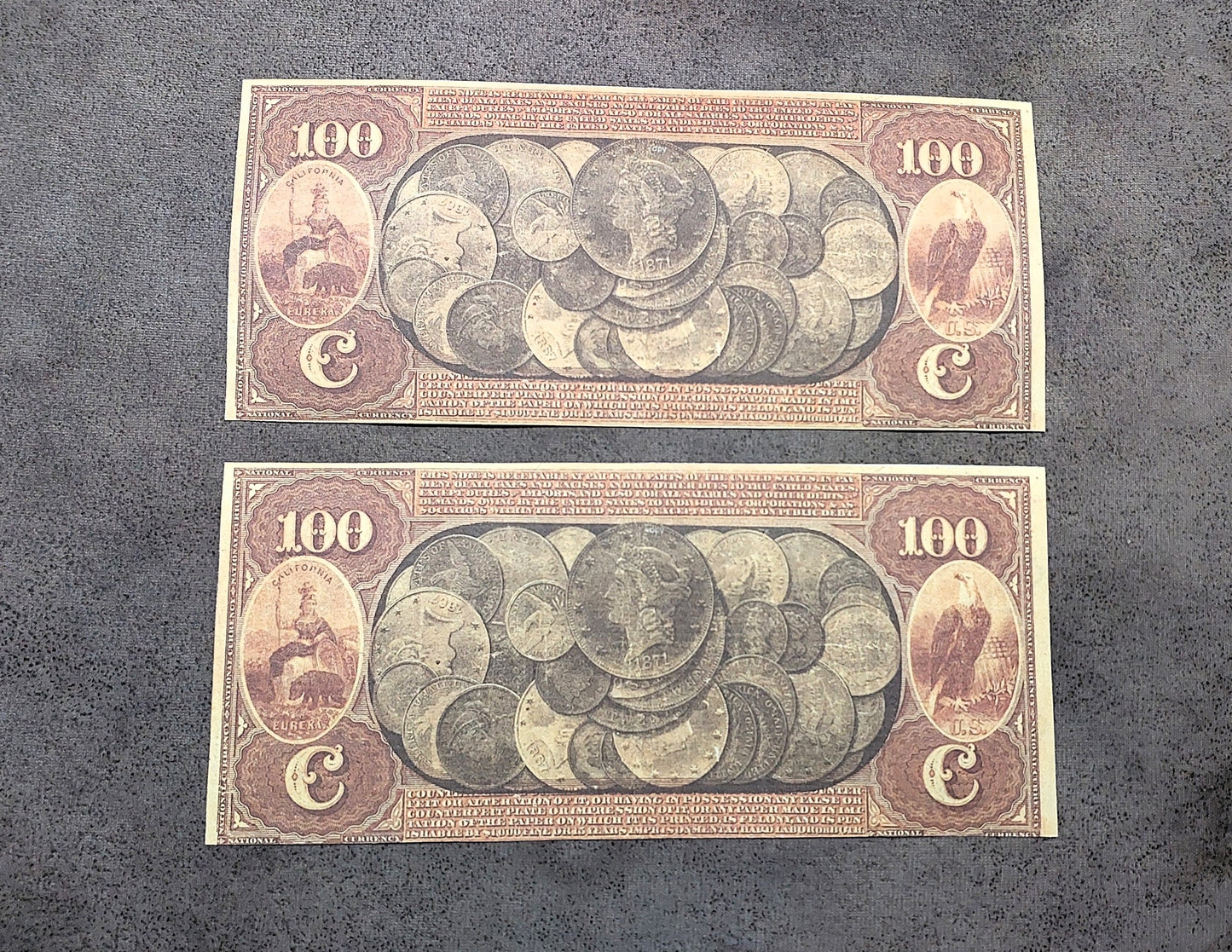 Rare 100 Dollar 1870 National Gold Bank Note California series reverse side with gold coins illustration.back