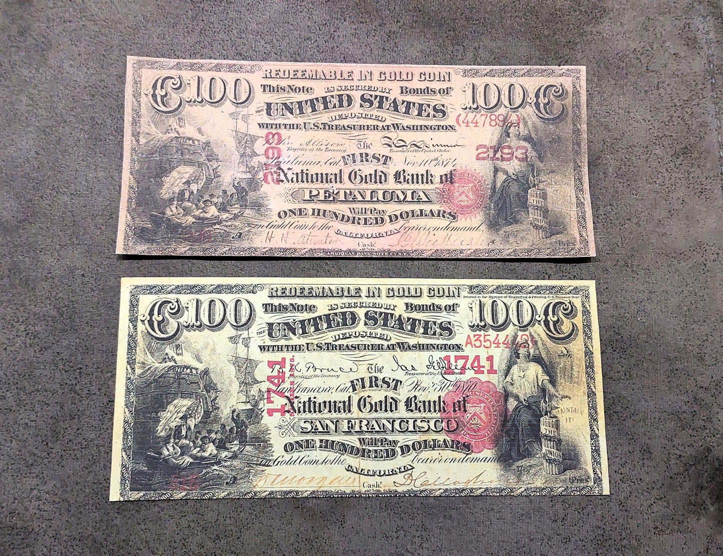 Rare 100 Dollar 1870 National Gold Bank Note California series reverse side with gold coins illustration
