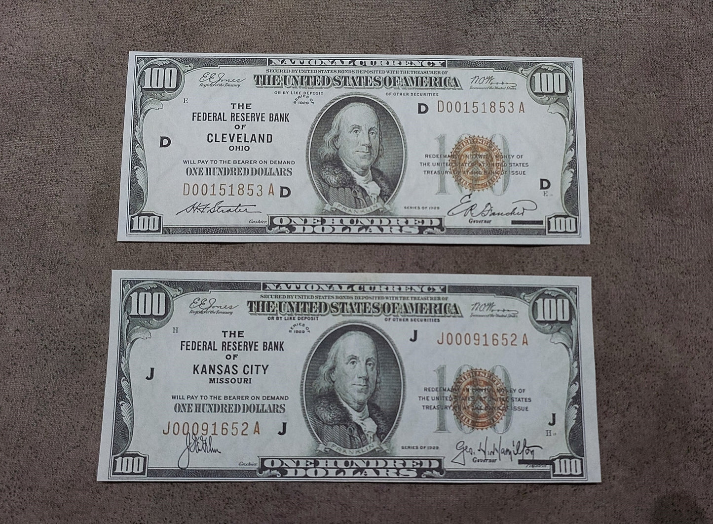 US 100 Dollar Franklin 1929 Federal Reserve Bank Notes Cleveland and Kansas City districts front