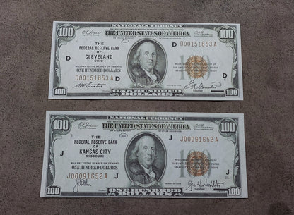 US 100 Dollar Franklin 1929 Federal Reserve Bank Notes Cleveland and Kansas City districts front