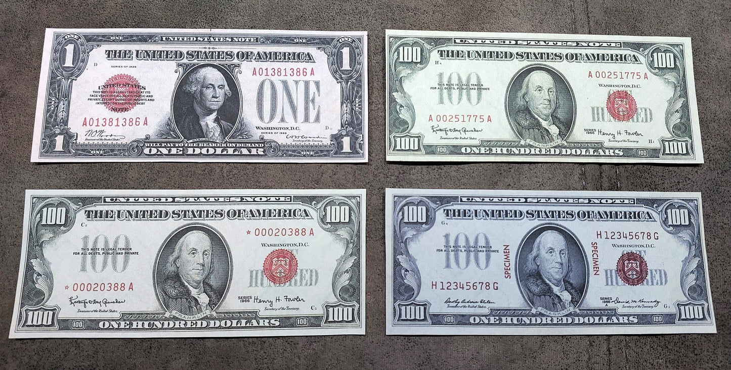 US 100 Dollar 1966 Legal Tender Red Seal notes including star note and specimen varieties front