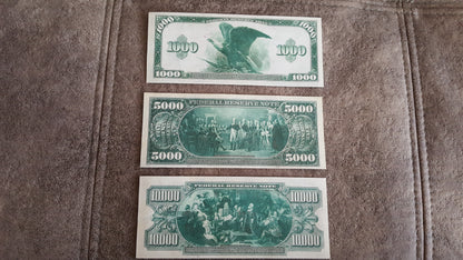US high denomination 1000, 5000, and 10000 Dollar 1918 Series Federal Reserve Notes reverse side view