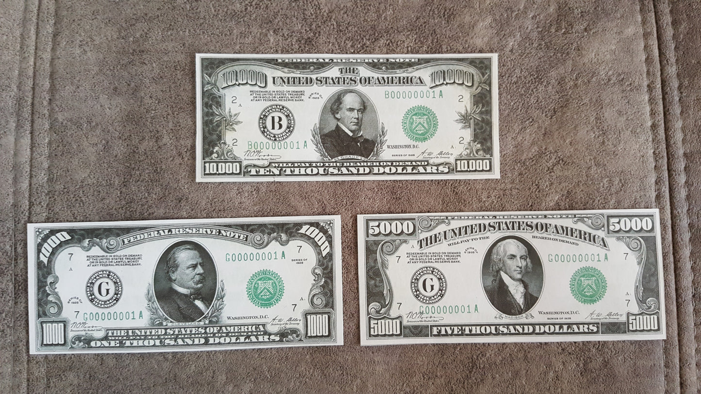 US high denomination 1000 Dollar Cleveland, 5000 Dollar Madison, and 10000 Dollar Chase 1928 Federal Reserve Notes front