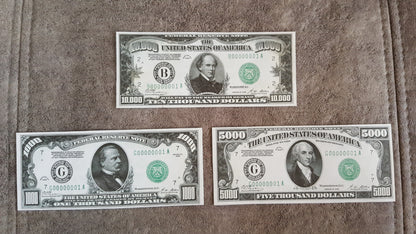 US high denomination 1000 Dollar Cleveland, 5000 Dollar Madison, and 10000 Dollar Chase 1928 Federal Reserve Notes front