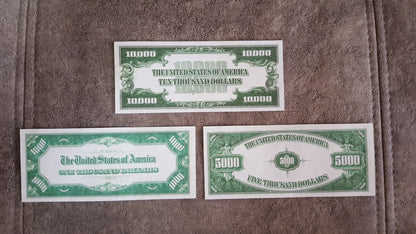 US 1000, 5000, and 10000 Dollar high denomination 1928 Federal Reserve Notes reverse back view