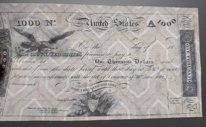 US 1000 Dollar 1812 rare Treasury Note War of 1812 era historical note 
