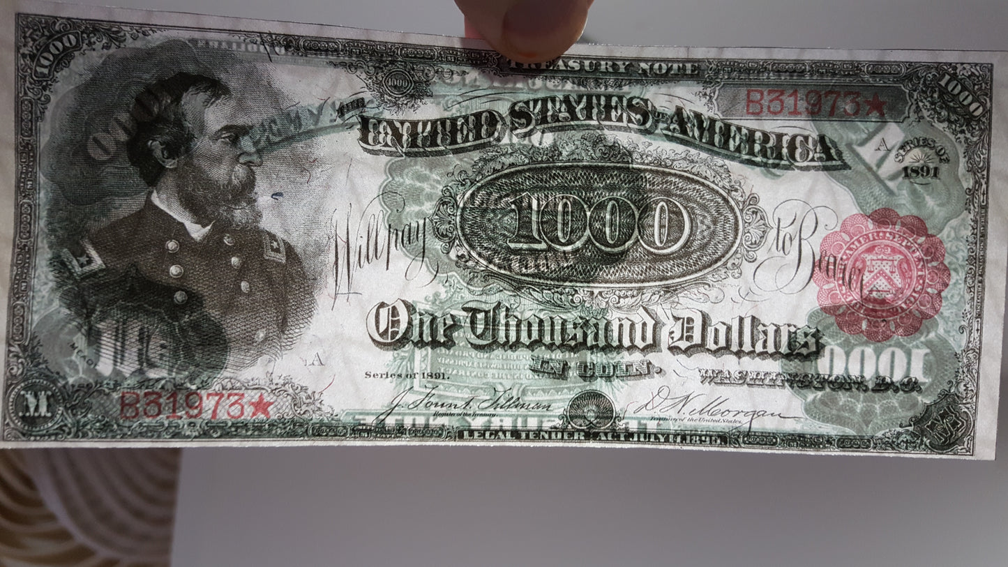 Detailed close-up view of US 1000 Dollar 1891 Treasury Note showing General Meade portrait and security paper texture