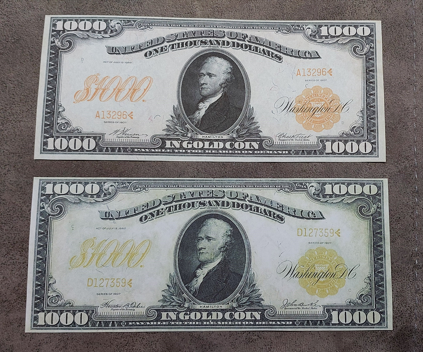 US high denomination 1000 Dollar Hamilton 1907 Series Gold Certificates front