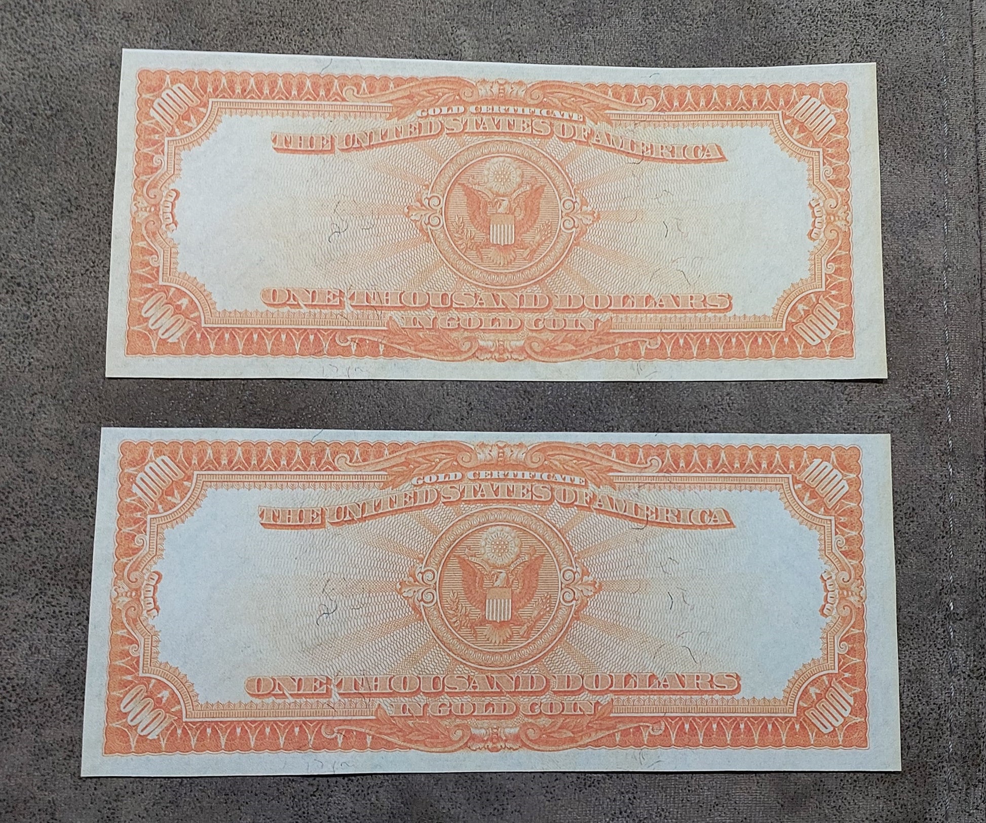 US high denomination 1000 Dollar Gold Certificates reverse orange back view