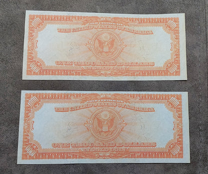 US high denomination 1000 Dollar Gold Certificates reverse orange back view