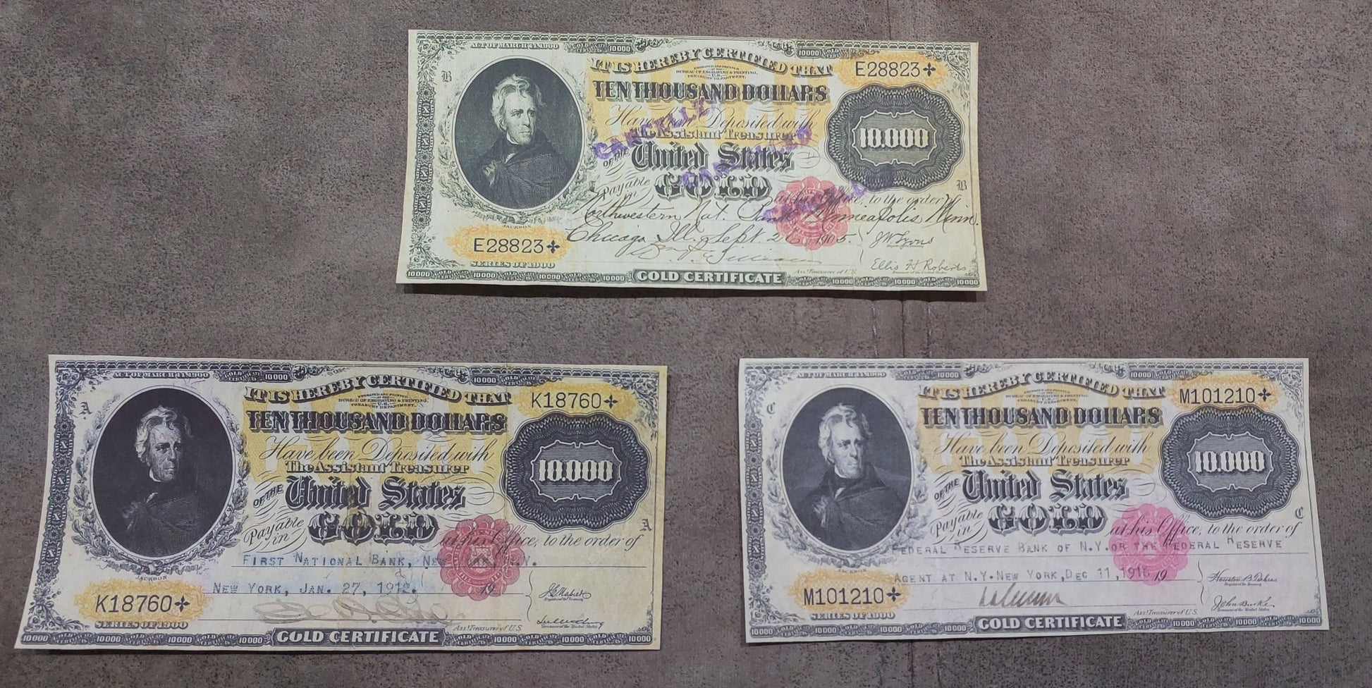 US 10000 Dollar 1900 Gold Certificate Series E cancelled 1905 and Series K cancelled 1912 front