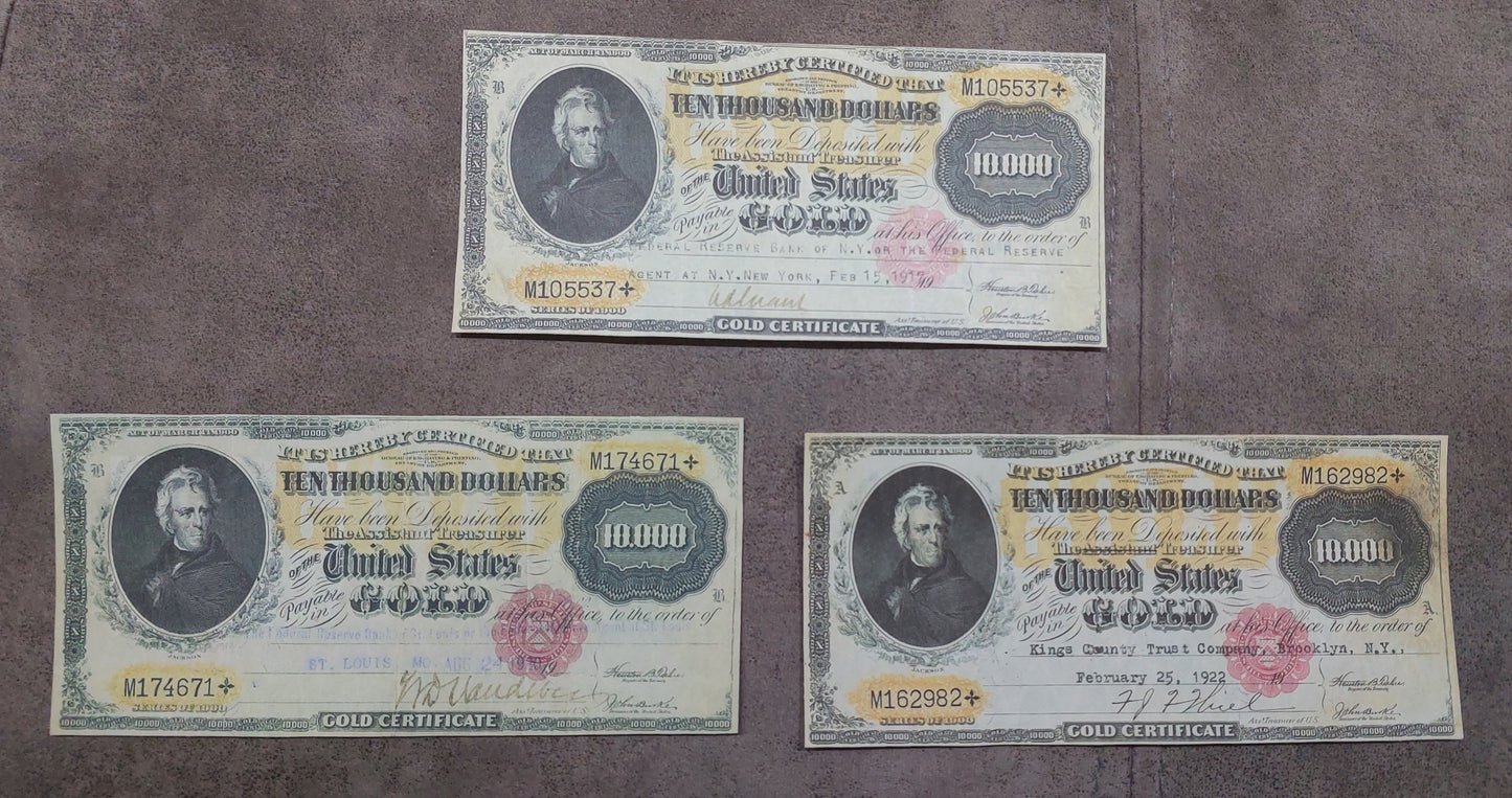 US 10000 Dollar 1900 Gold Certificate Series M cancelled 1916 and 1917 historical notes front
