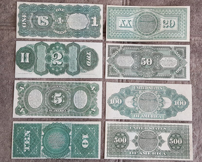 US 1869 Series Legal Tender Rainbow notes complete set reverse greenback view