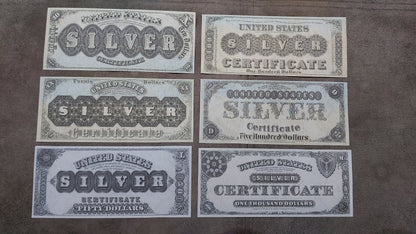 US Silver Certificate 1878 series historical banknote collection set - reverse side view