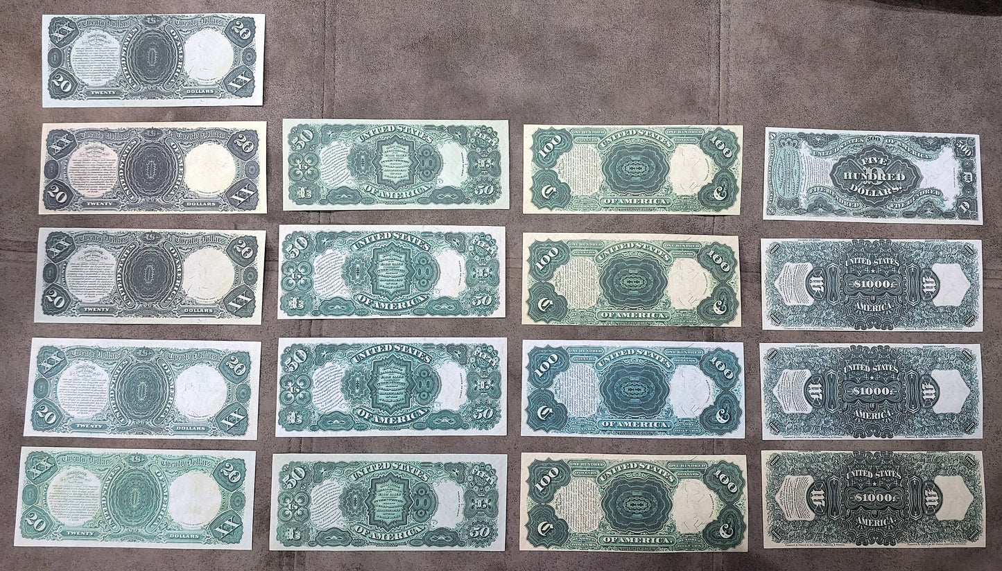 US 1880 Legal Tender notes reverse greenback view showing 20, 50, 100, 500 and 1000 Dollar designs