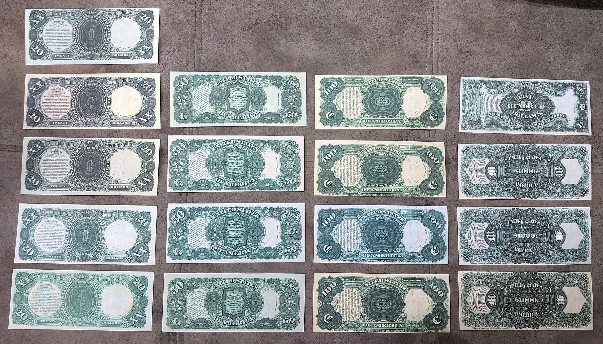 US 1880 Legal Tender notes reverse greenback view showing 20, 50, 100, 500 and 1000 Dollar designs