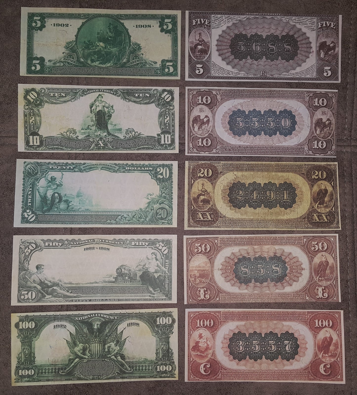 US National Bank Notes 1882-1909 Series complete set reverse back view showing brown back and blue seal varieties
