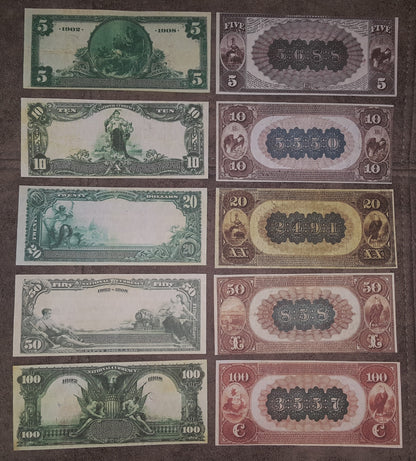 US National Bank Notes 1882-1909 Series complete set reverse back view showing brown back and blue seal varieties