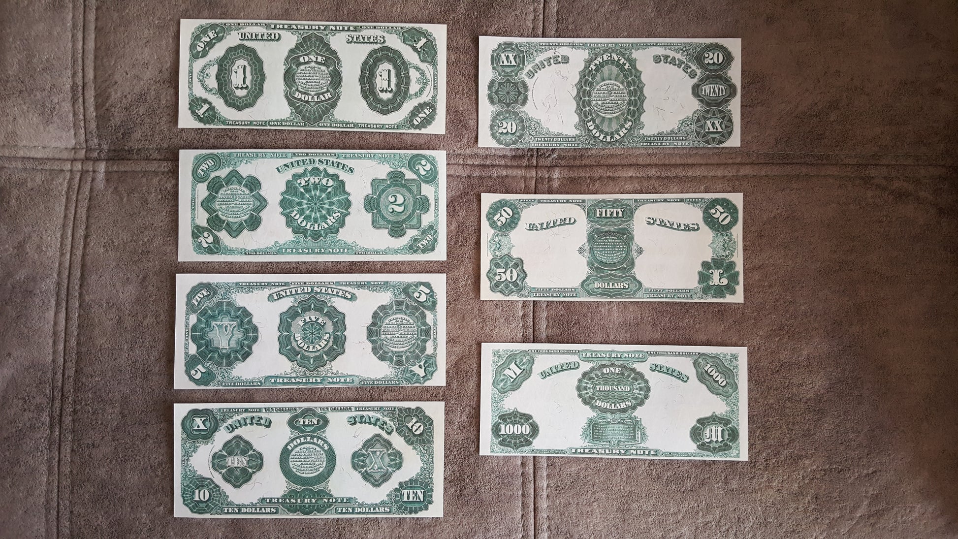 US Treasury Notes 1891 Series complete set reverse back view with small numbering variety design