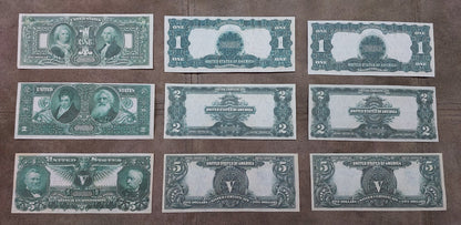 US Silver Certificate 1896 Educational Series and 1899 series banknote collection set - reverse side view