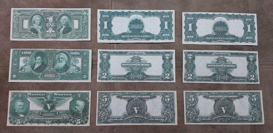 US Silver Certificate 1896 Educational Series and 1899 series banknote collection set - reverse side view