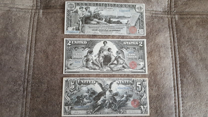 US 1896 Silver Certificate Star Note replacement series 1, 2 and 5 Dollar notes front