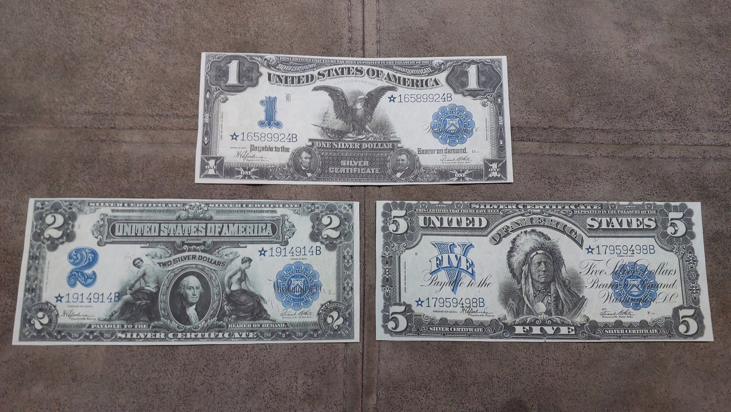 US 1899 Educational Series 1, 2 and 5 Dollar Silver Certificate historical currency notes front