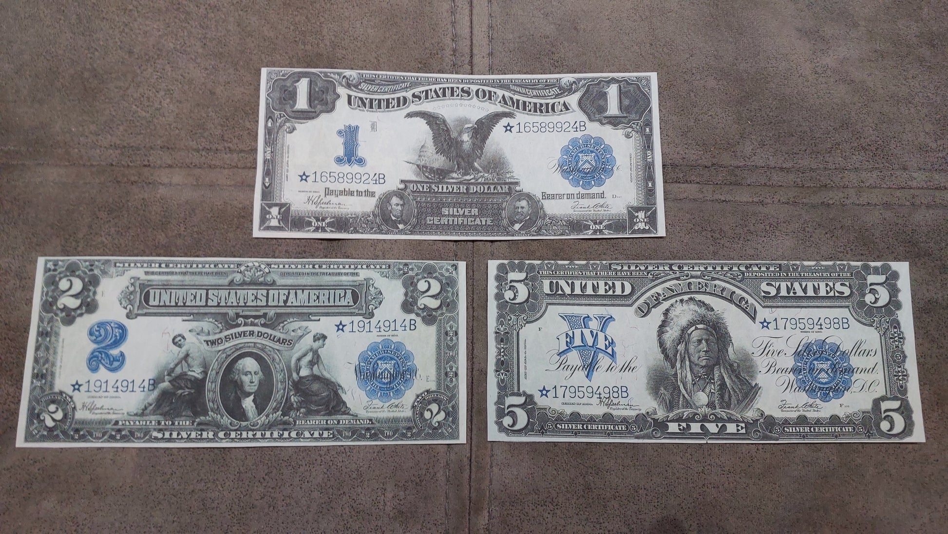 US 1899 Educational Series 1, 2 and 5 Dollar Silver Certificate historical currency notes front