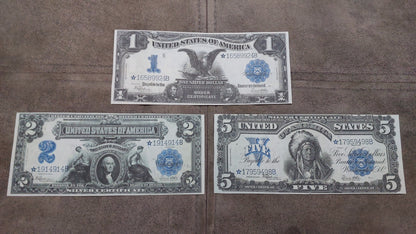 US 1899 Educational Series 1, 2 and 5 Dollar Silver Certificate historical currency notes front
