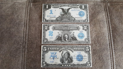US 1899 Silver Certificate 1 Dollar Chief Black Hawk, 2 Dollar Washington and 5 Dollar Indian Chief notes front