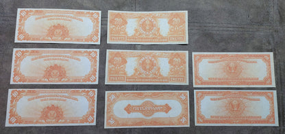 US Gold Certificates 1905-1913 Series complete set reverse view featuring golden orange back designs