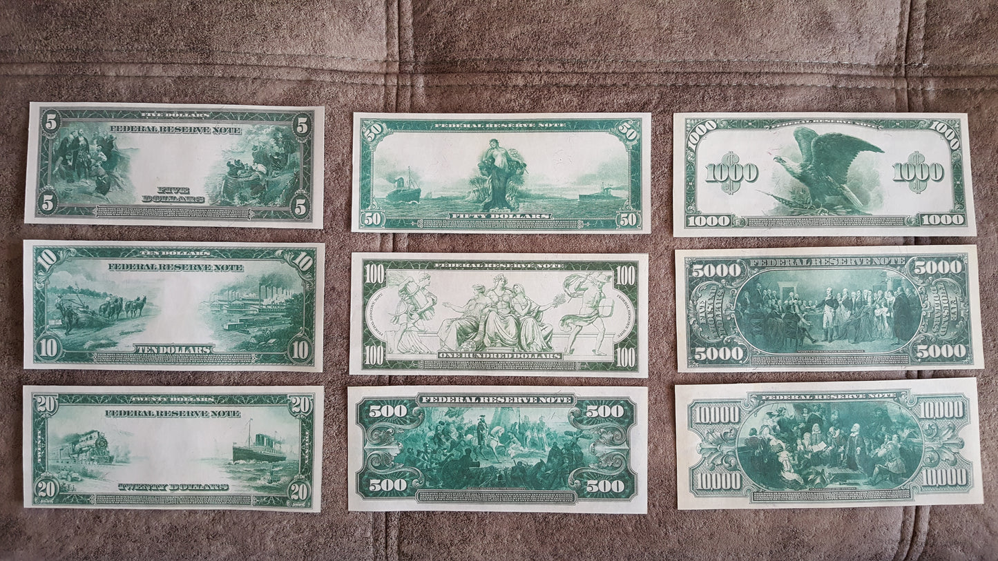 US Federal Reserve Notes 1914-1918 Series complete set reverse greenback view showing historical back artwork