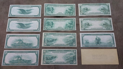 US Federal Reserve Bank 1914 Series banknotes complete set reverse greenback view showing historical engravings