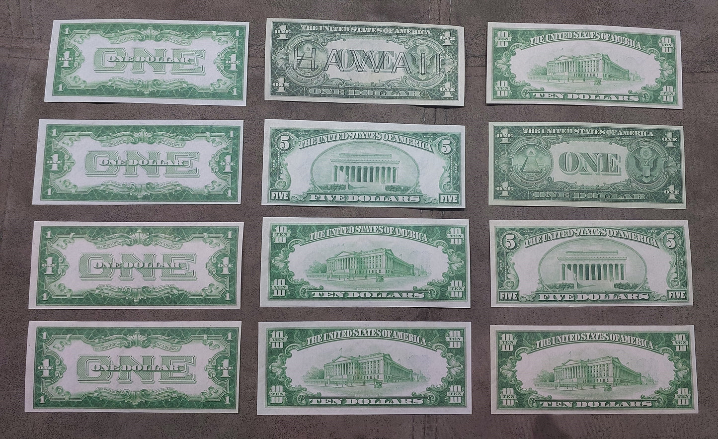 US Silver Certificate 1928-1935 collection set including Hawaii and North Africa WWII notes - reverse side view