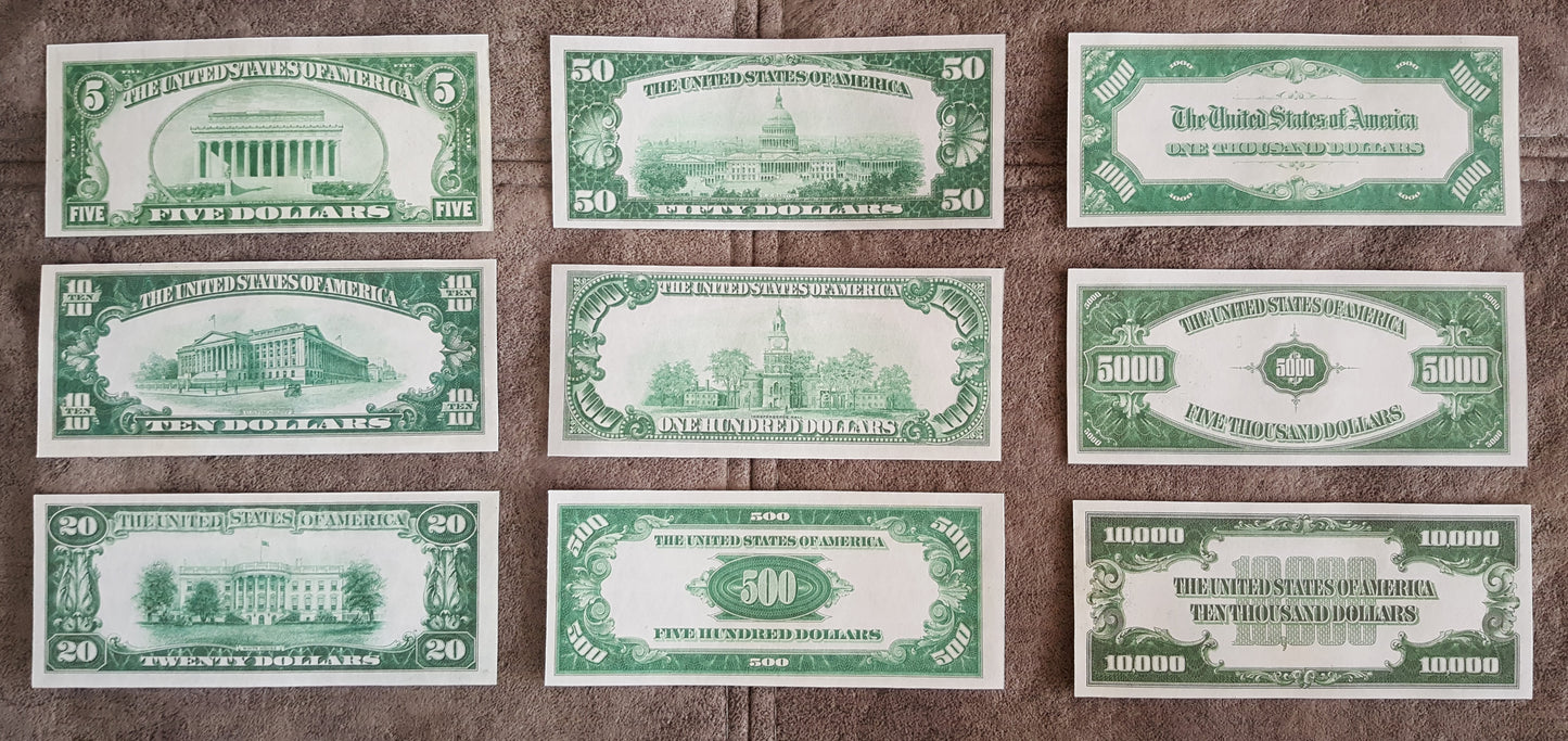 US 1928 Series Federal Reserve Notes complete set reverse greenback back view