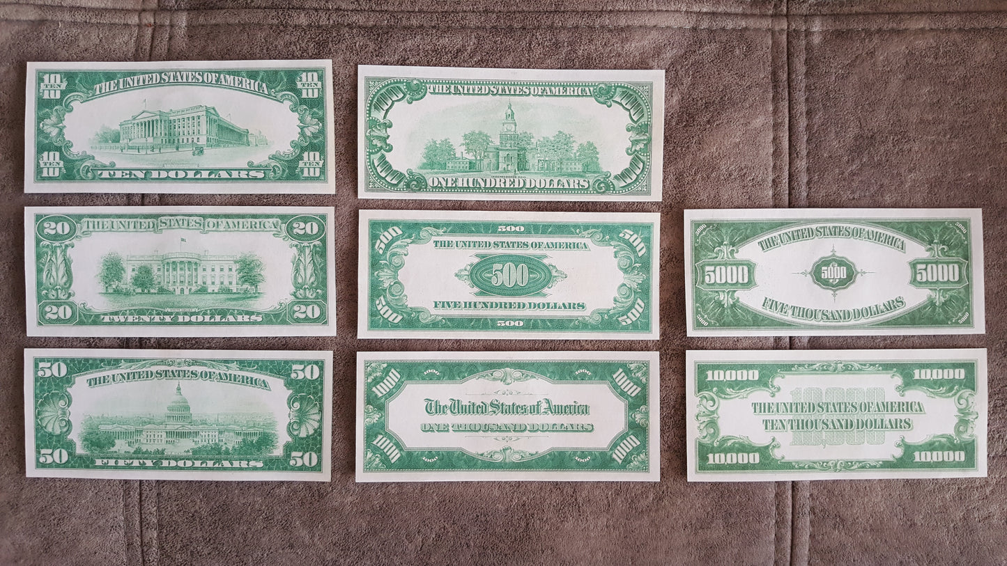 US 1928 Series Gold Certificates complete set reverse greenback view showing historical engravings