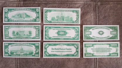 US 1928 Series Gold Certificates complete set reverse greenback view showing historical engravings