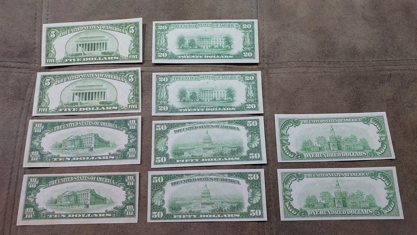 US Federal Reserve Bank 1929 Series banknotes complete set reverse greenback view