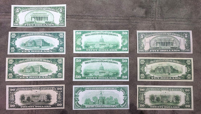 US 1934-1935 Federal Reserve Notes and Hawaii WWII overprint banknotes reverse greenback and brown seal back view