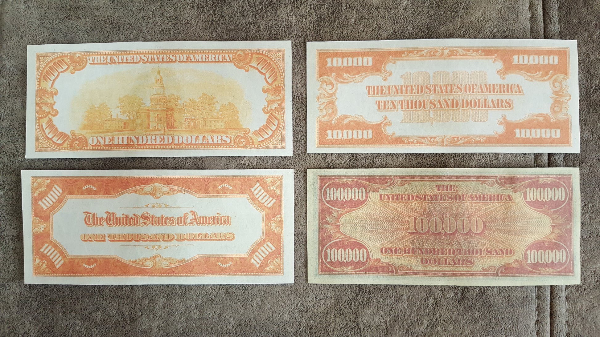 US 1934 Gold Certificates high denomination notes reverse back view featuring iconic golden orange back design