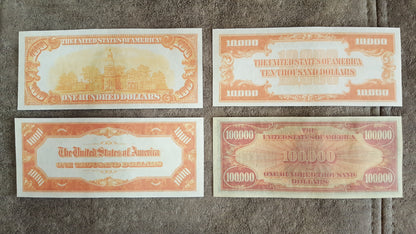 US 1934 Gold Certificates high denomination notes reverse back view featuring iconic golden orange back design
