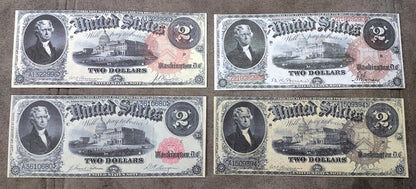 US  2 Dollar Jefferson 1880 Legal Tender historical currency notes with various red seals 