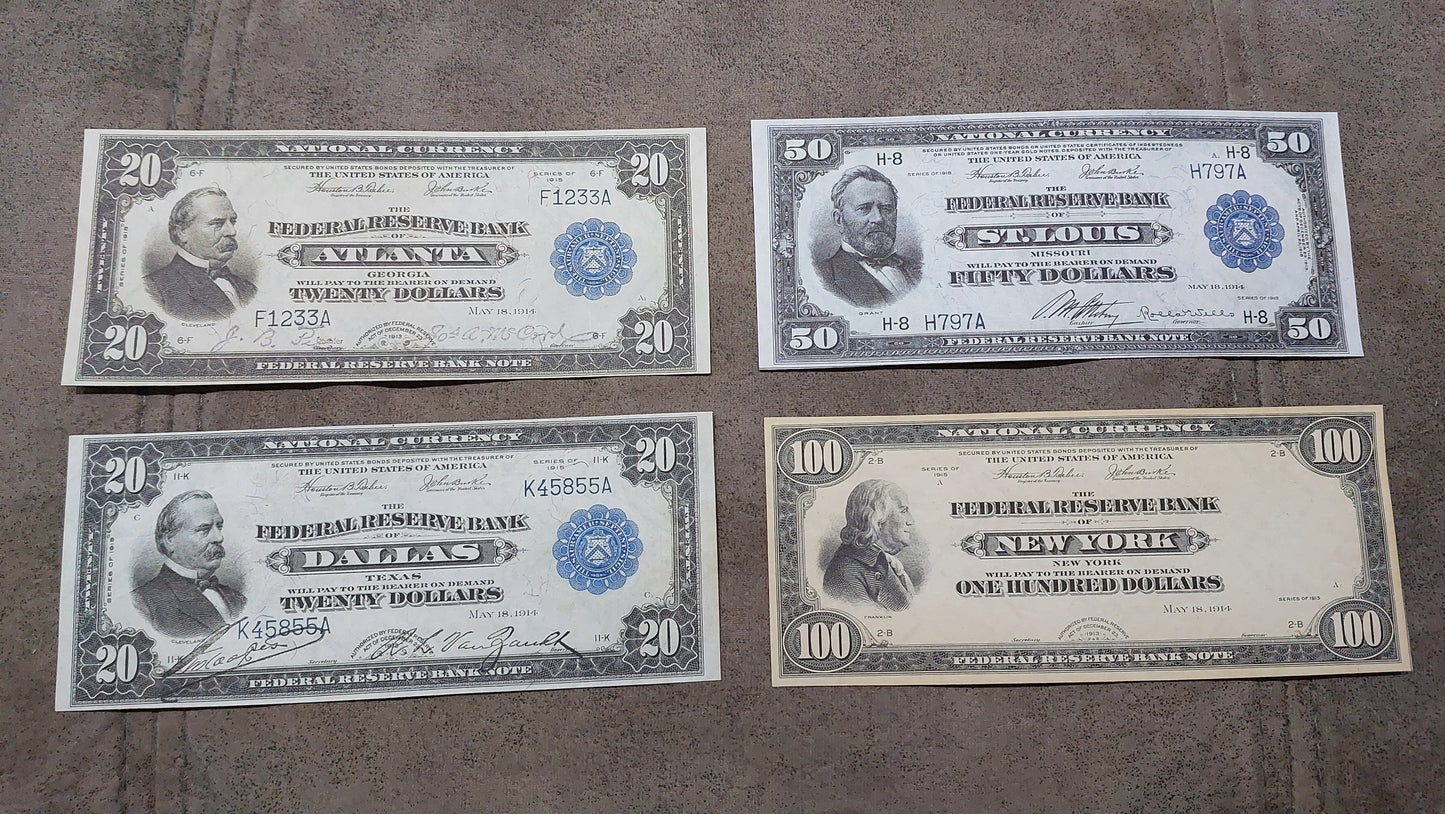 US 20 Dollar Cleveland 50 Dollar Grant St Louis and 100 Dollar Franklin New York SPECIMEN 1914 Federal Reserve Bank Notes Atlanta and Dallas district varieties front