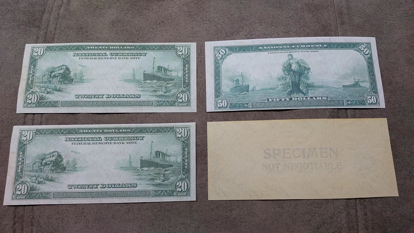 US 20 Dollar Cleveland 50 Dollar Grant St Louis and 100 Dollar Franklin New York SPECIMEN 1914 Federal Reserve Bank Notes Atlanta and Dallas district varieties back